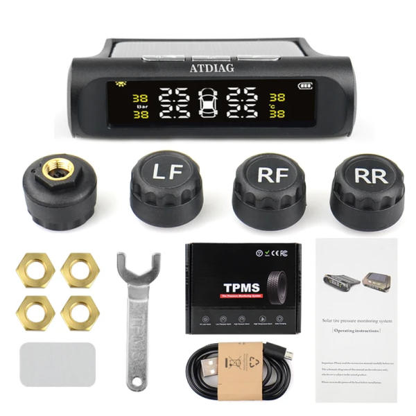 TPMS Wireless Tire Pressure Monitoring System Solar Power Clock LCD Display 4 External/Internal Sensor Tire Pressure Sensors