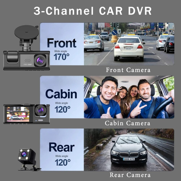 3 Channel Car DVR HD 1080P 3-Lens inside Vehicle Dash Camthree Way Camera Dvrs Recorder Video Registrator Dashcam Camcorder - Image 4