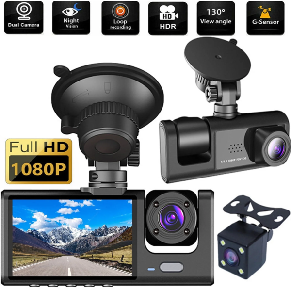 Dash Cam, 3 Channel Dash Cam Front and Rear Inside,1080P Full HD 170 Deg Wide Angle Dashboard Camera, Night Vision, WDR, Accident Lock, Loop Recording, Parking Monitor - Image 9