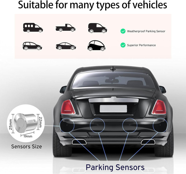 Wireless Car Parking Sensor, Reverse Radar System with 4 Parking Sensors, Wireless LED Distance Display with Sound Warning + 4 Silver Color Car Reverse Parking Sensors for Cars Vans RV Trailer - Image 3