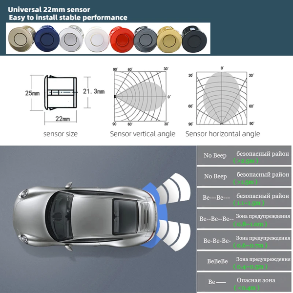 Car Parking Sensor Kit 2 Sensors 22Mm LED Screen Reverse Radar Sound Alert Indicator System 8 Colors - Image 6