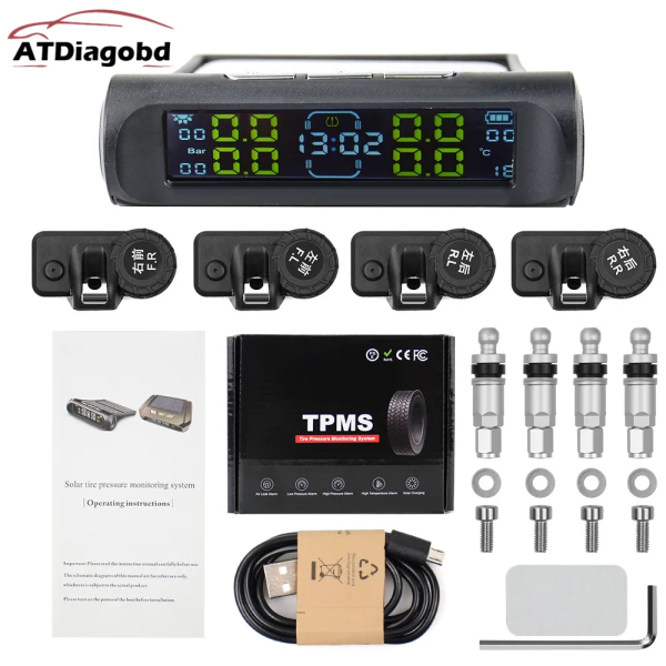 Universal TPMS Wireless Tire Pressure Monitoring System Solar Power Clock LCD Display 4 External Sensor Tire Pressure Sensors - Image 2