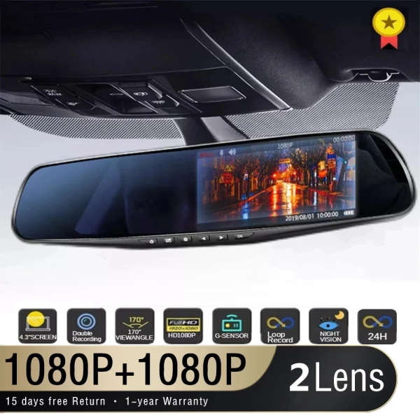 4.3 Inch Driving Recorder Car DVR Rearview Mirror Dual Lens Car Recorder 1080P IPS Front and Rear Camera Registrar Black Box New - Image 2