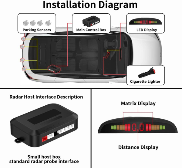 Wireless Car Parking Sensor, Reverse Radar System with 4 Parking Sensors, Wireless LED Distance Display with Sound Warning + 4 Silver Color Car Reverse Parking Sensors for Cars Vans RV Trailer - Image 6