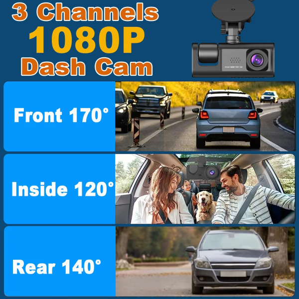 Dash Cam, 3 Channel Dash Cam Front and Rear Inside,1080P Full HD 170 Deg Wide Angle Dashboard Camera, Night Vision, WDR, Accident Lock, Loop Recording, Parking Monitor - Image 3