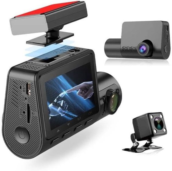 3 Channel Dash Cam for Car with 1080 + 1080 + 480p Three Lenses, Wide Angle Monitoring Range of 140° + 140° + 130°, 24-Hour Parking Monitoring, 4 Infrared Lamps with 64GB Memory Card