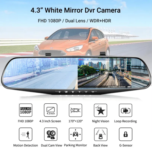 4.3 Inch Driving Recorder Car DVR Rearview Mirror Dual Lens Car Recorder 1080P IPS Front and Rear Camera Registrar Black Box New - Image 4