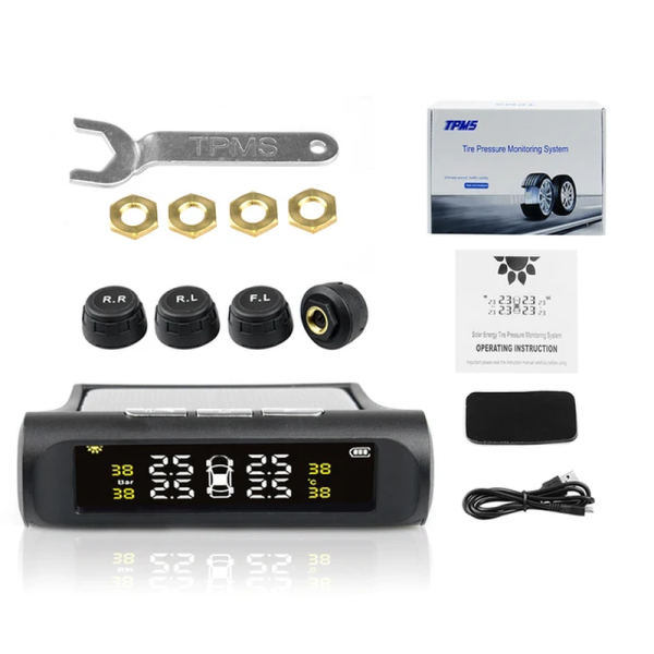 Universal TPMS Wireless Tire Pressure Monitoring System Solar Power Clock LCD Display 4 External Sensor Tire Pressure Sensors